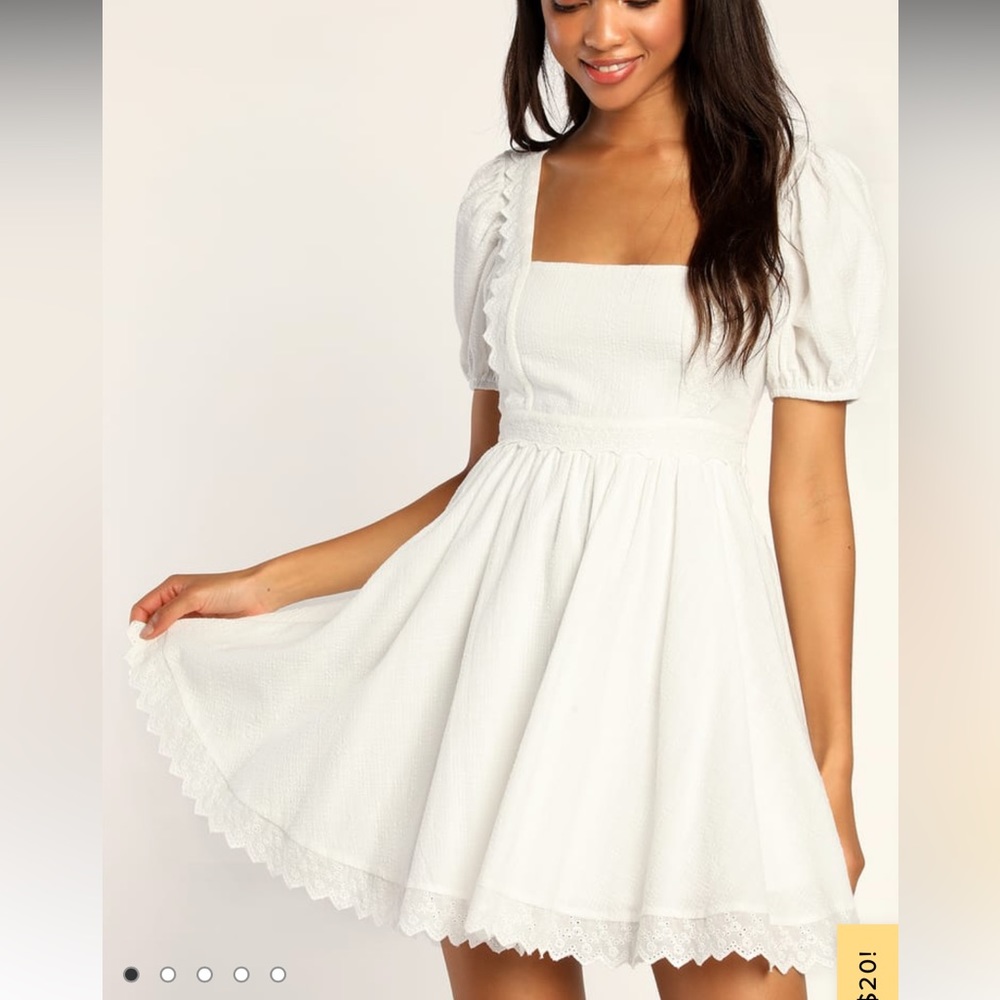 Lulus // Strolling Seville White Textured Backless Puff Sleeve Mini Dress